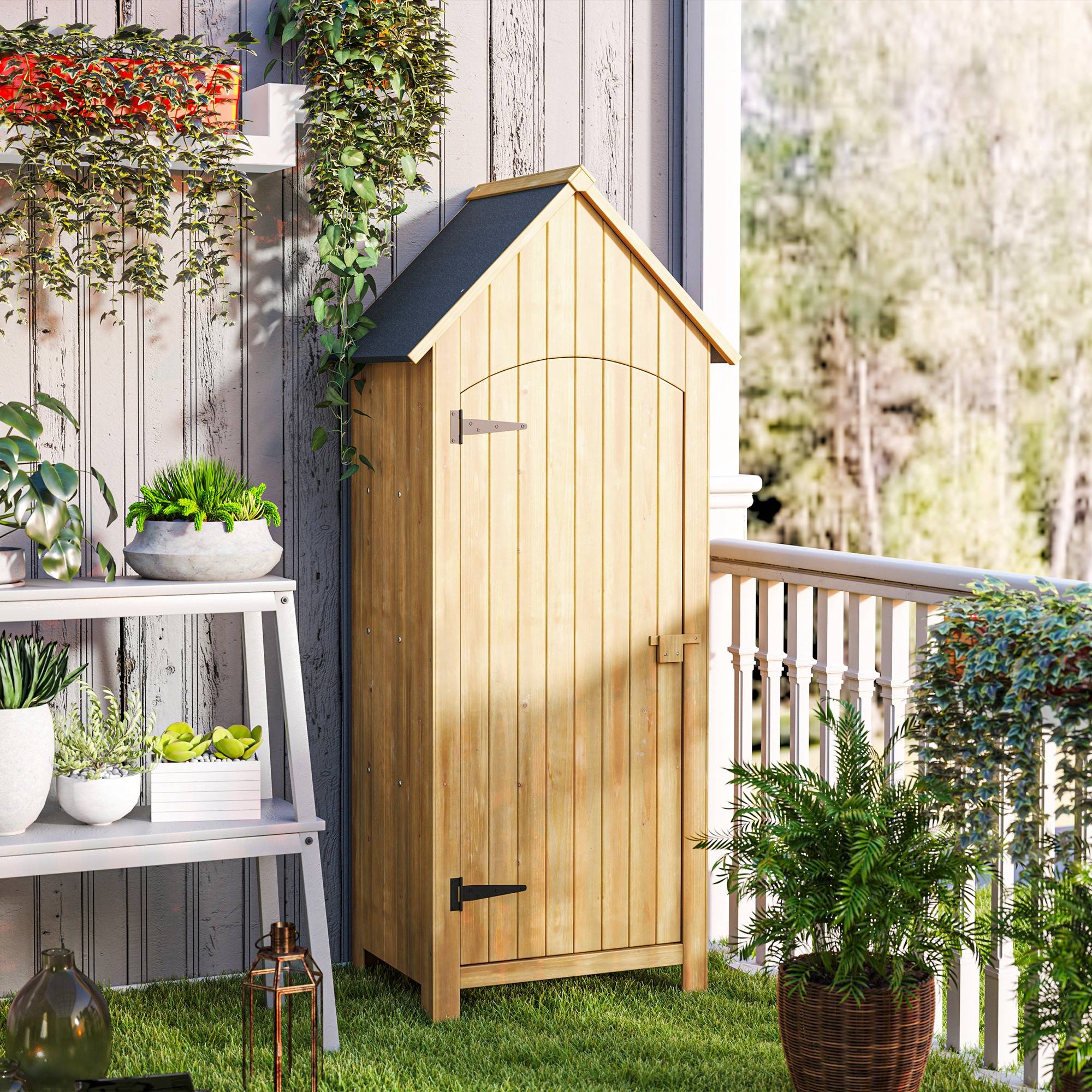 Outsunny - Abri de jardin armoire extérieur en bois 77,5x54,2x179,5cm toit bitumé 3 étagères porte loquet rangement terrasse naturel - Outsunny - Image 2