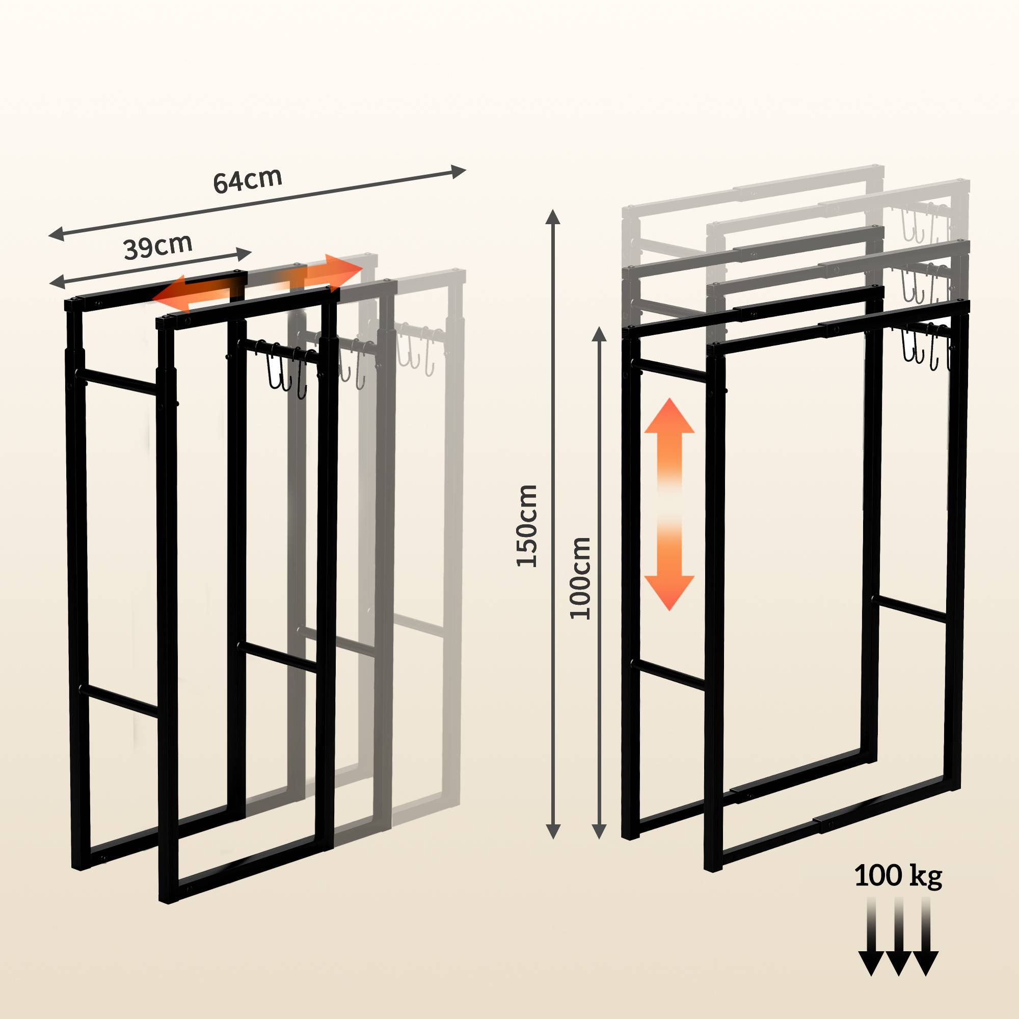 Étagère à bûches extensible avec 4 crochets pour une utilisation intérieure, dimensions : 40-65 x 25 x 100-150 cm, capacité de charge : 100 kg, noire - Image 5