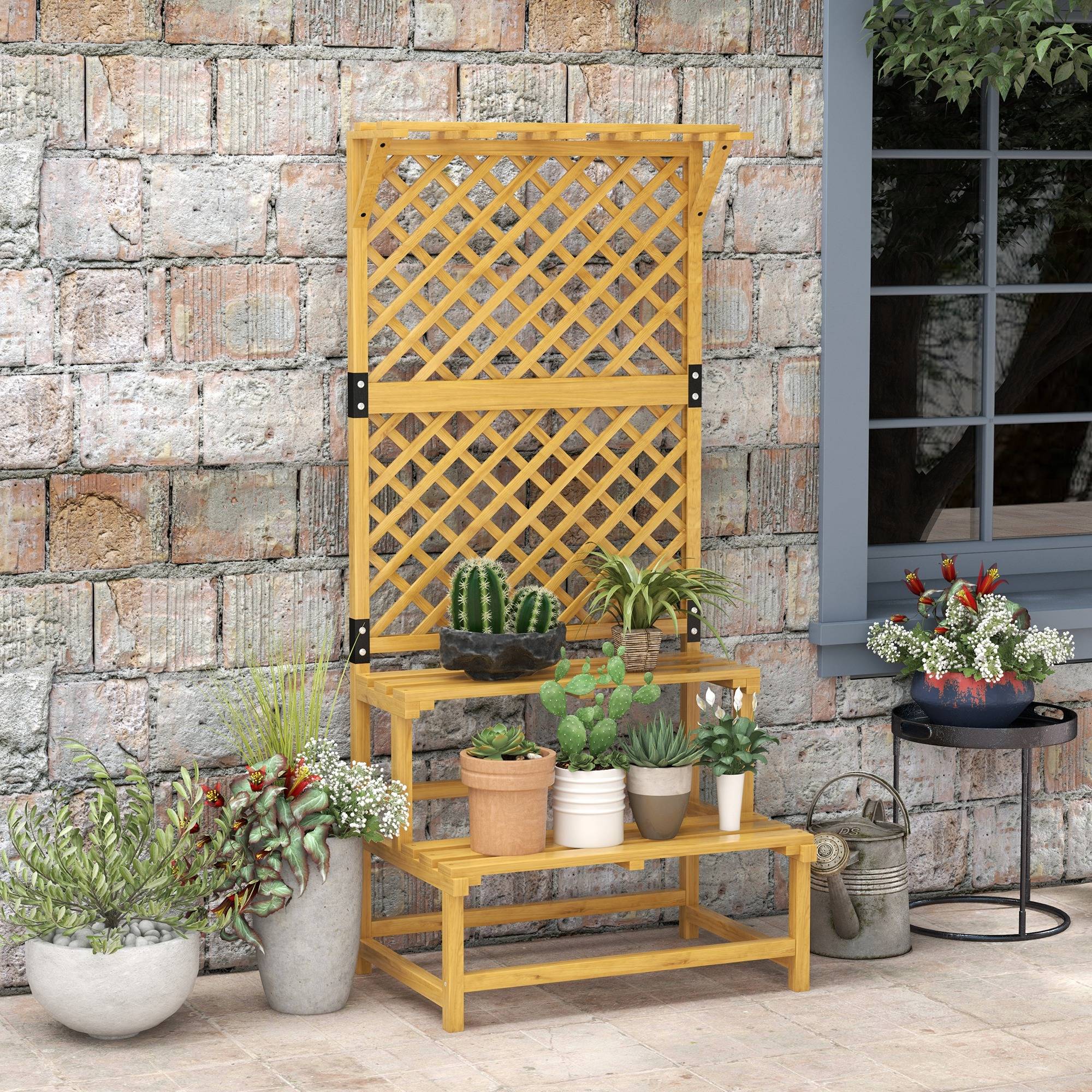 Étagère plantes 2 niveaux bois sapin extérieur avec treillis et toit 75x50x166cm - ComfortXL Outdoor Living - Image 8