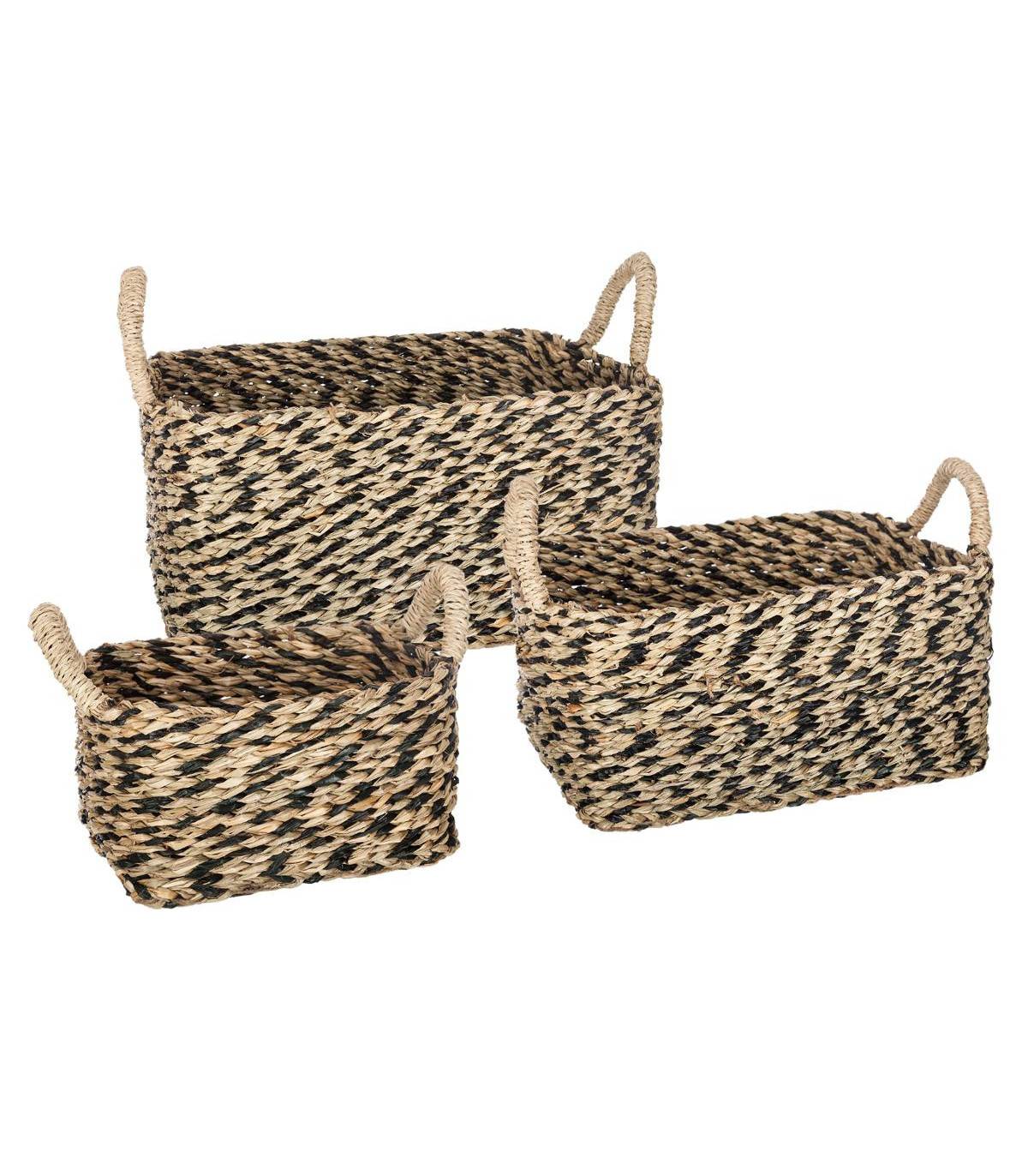 Set de 3 Paniers de rangement rectangle en Osier Noir et Naturel - Imagen 1