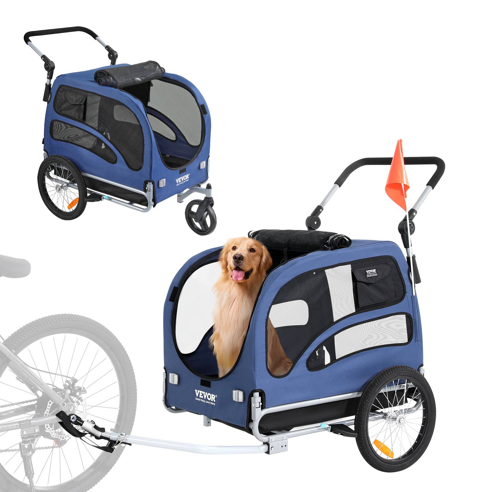 Remorque vélo chien pliable, charge 45 kg. Cadre pliable, roues dégagement rapide. Bleu/noir.