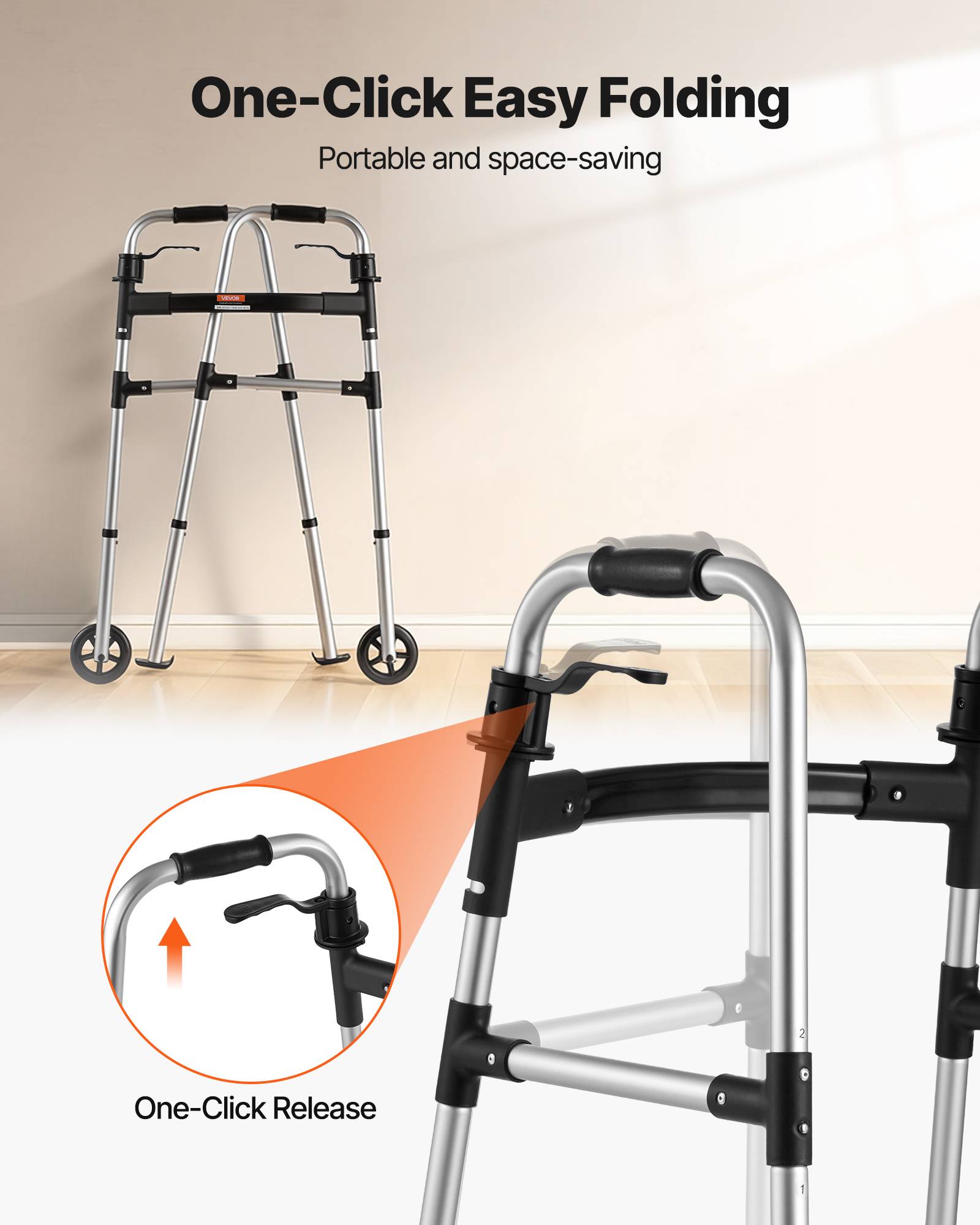 VEVOR Déambulateur Pliable Cadre Marche 2 Roues Alu Hauteur Réglable 8 Niveaux - Image 2