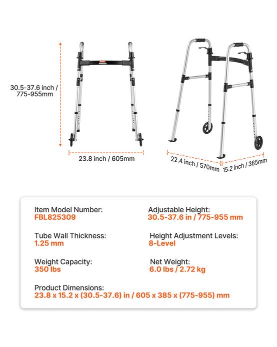 VEVOR Déambulateur Pliable Cadre Marche 2 Roues Alu Hauteur Réglable 8 Niveaux - Image 7