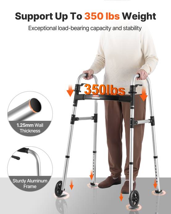 VEVOR Déambulateur Pliable Cadre Marche 2 Roues Alu Hauteur Réglable 8 Niveaux - Image 3