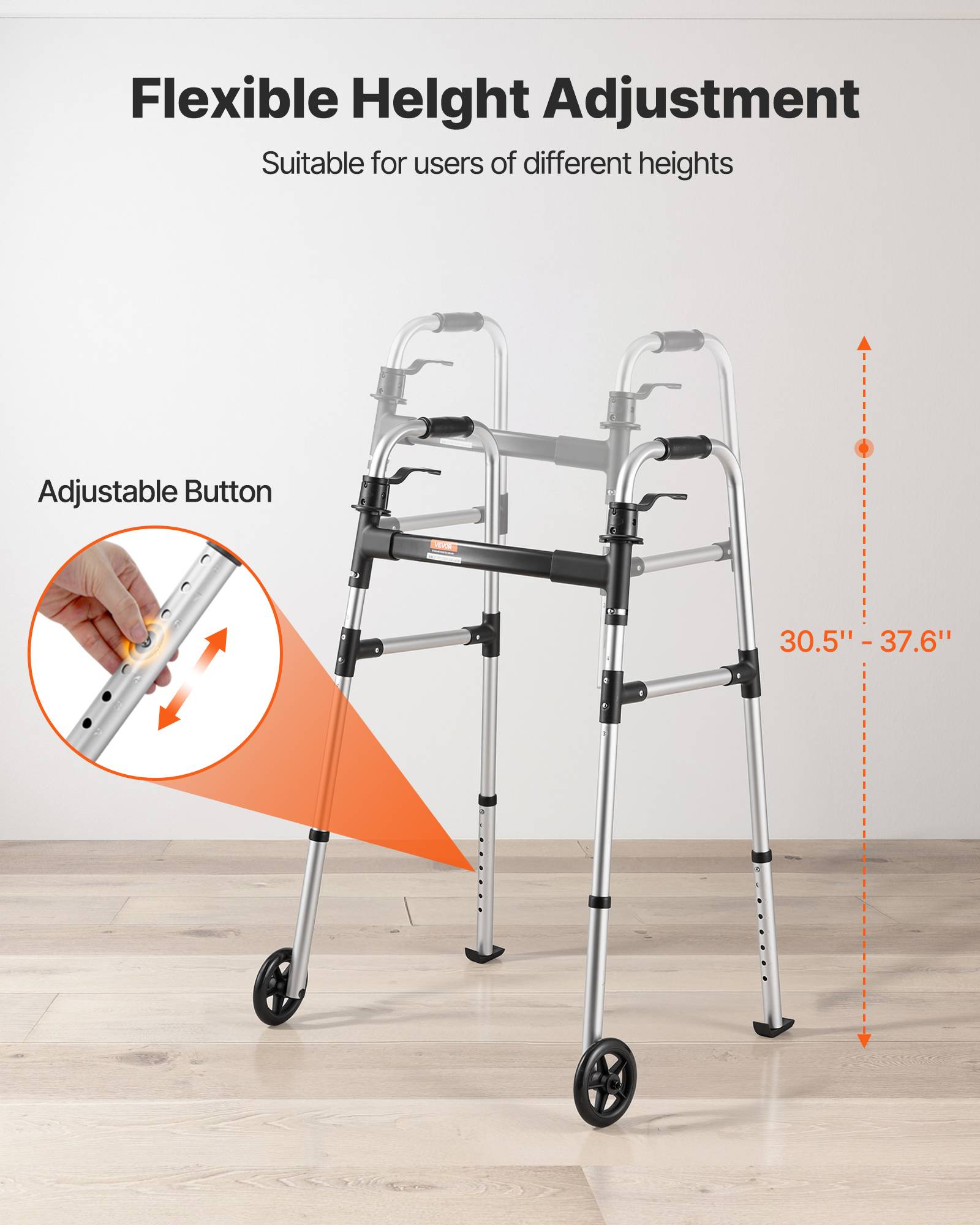 VEVOR Déambulateur Pliable Cadre Marche 2 Roues Alu Hauteur Réglable 8 Niveaux - Image 4
