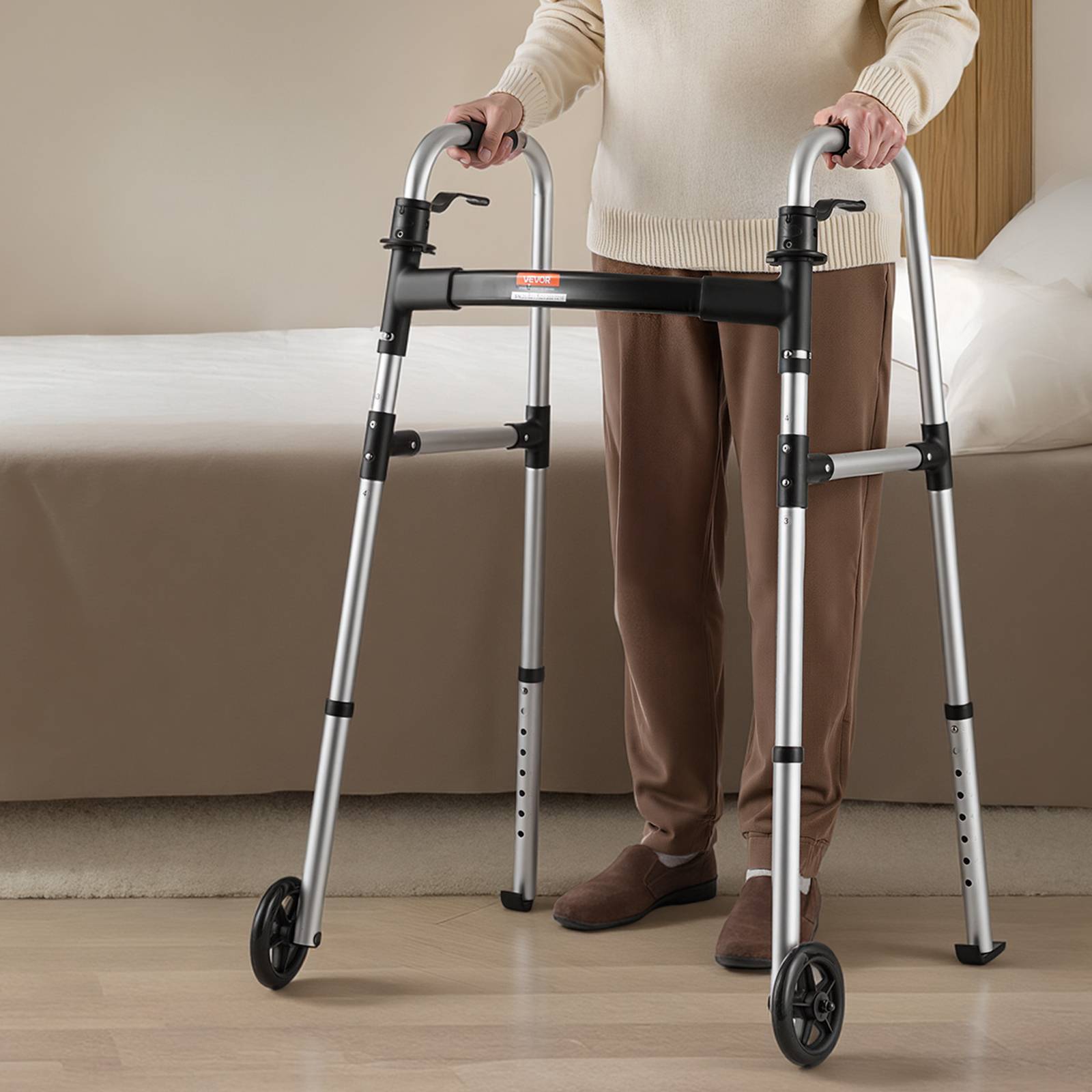 VEVOR Déambulateur Pliable Cadre Marche 2 Roues Alu Hauteur Réglable 8 Niveaux - Image 8