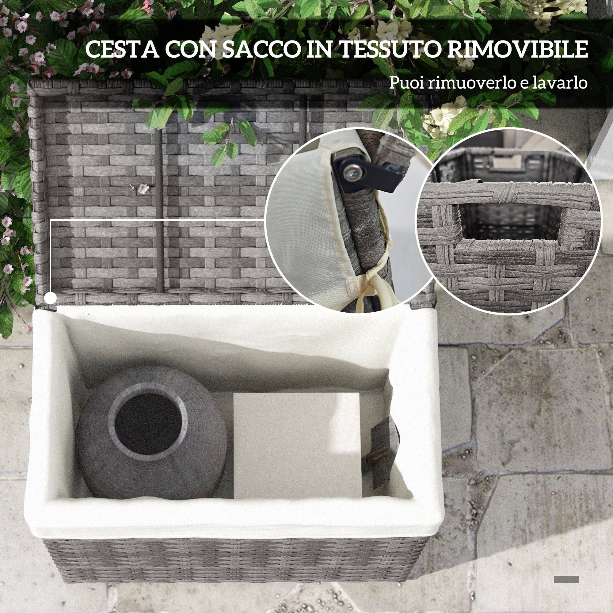 Panier rangement jardin maison rotin avec tissu intérieur, 57x34x62cm, gris - Image 8