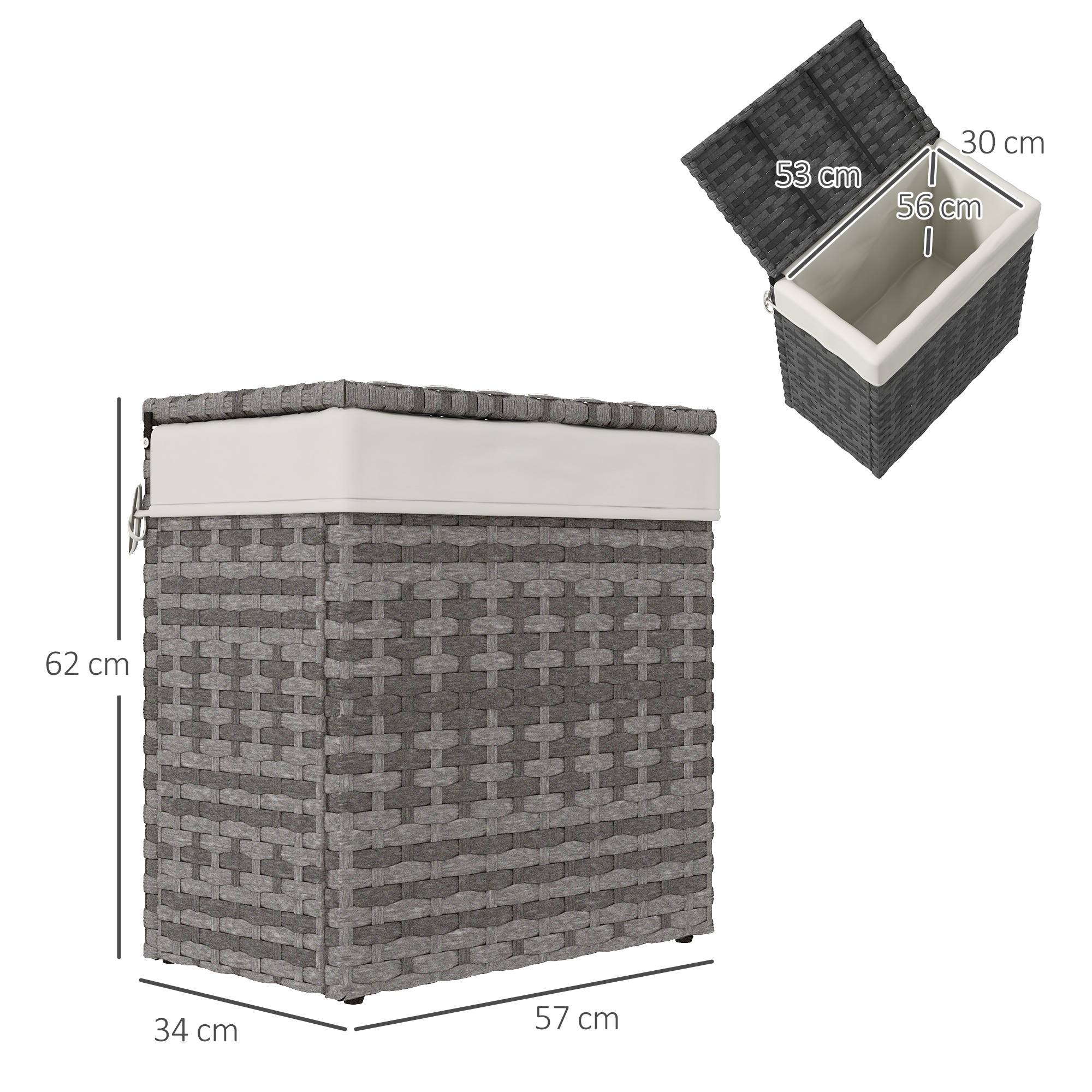 Panier rangement jardin maison rotin avec tissu intérieur, 57x34x62cm, gris - Image 5