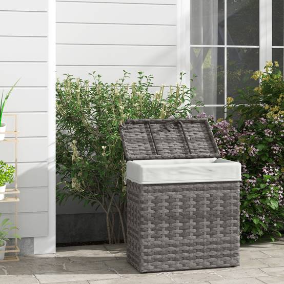 Panier rangement jardin maison rotin avec tissu intérieur, 57x34x62cm, gris - Image 3