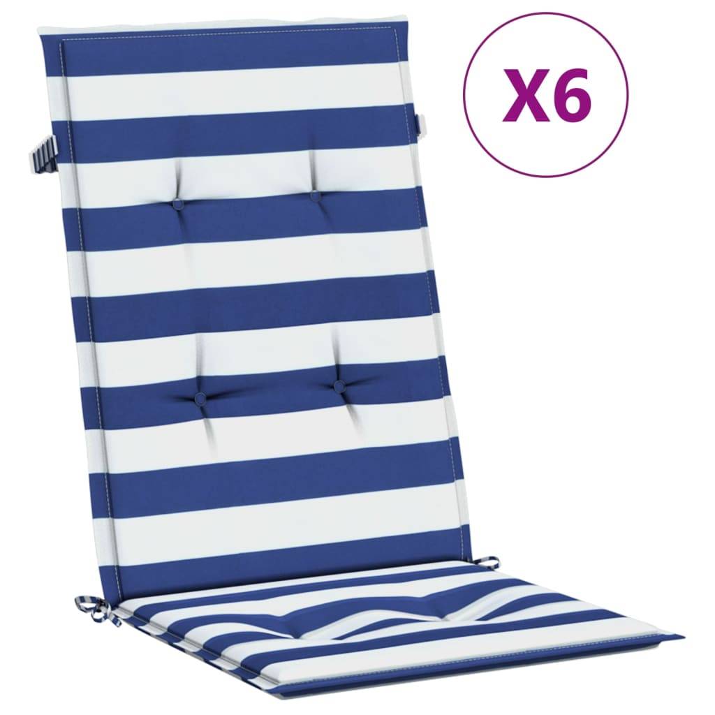 Coussins de chaise dossier haut lot de 6 polyester rayures bleu et blanc 120 x 50 x 3 cm - PANGIVO - Image 2