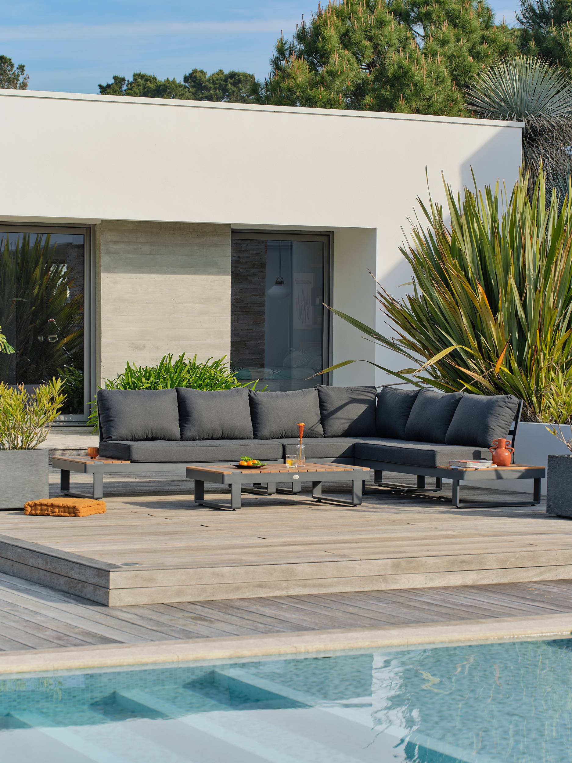 Dcb Garden - Salon de jardin d'angle 6 places en teck et aluminium  - Gris anthracite - ALICANTE - Image 1