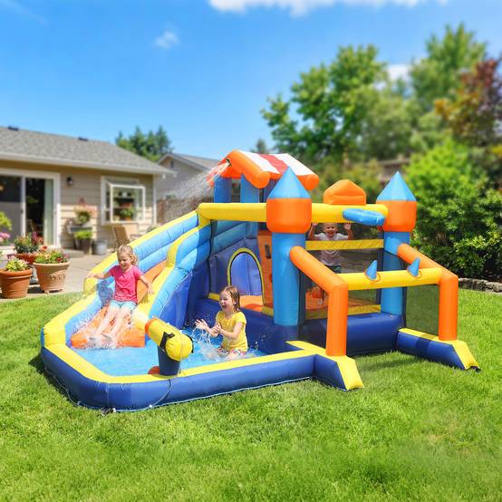 Château aquatique gonflable 8-en-1 souffleur 550W toboggan trampoline mur escalade piscine foot basket et jeu de lancer - Image 4