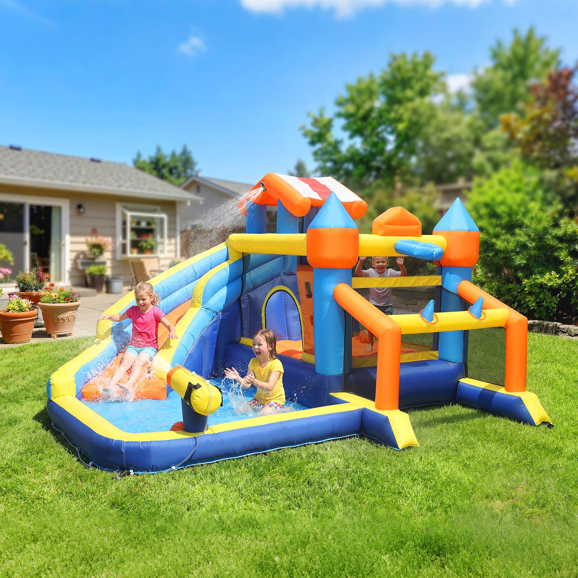 Château aquatique gonflable 8-en-1 souffleur 550W toboggan trampoline mur escalade piscine foot basket et jeu de lancer - Image 4