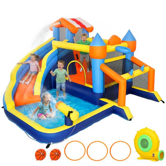 Château aquatique gonflable 8-en-1 souffleur 550W toboggan trampoline mur escalade piscine foot basket et jeu de lancer - Image 1