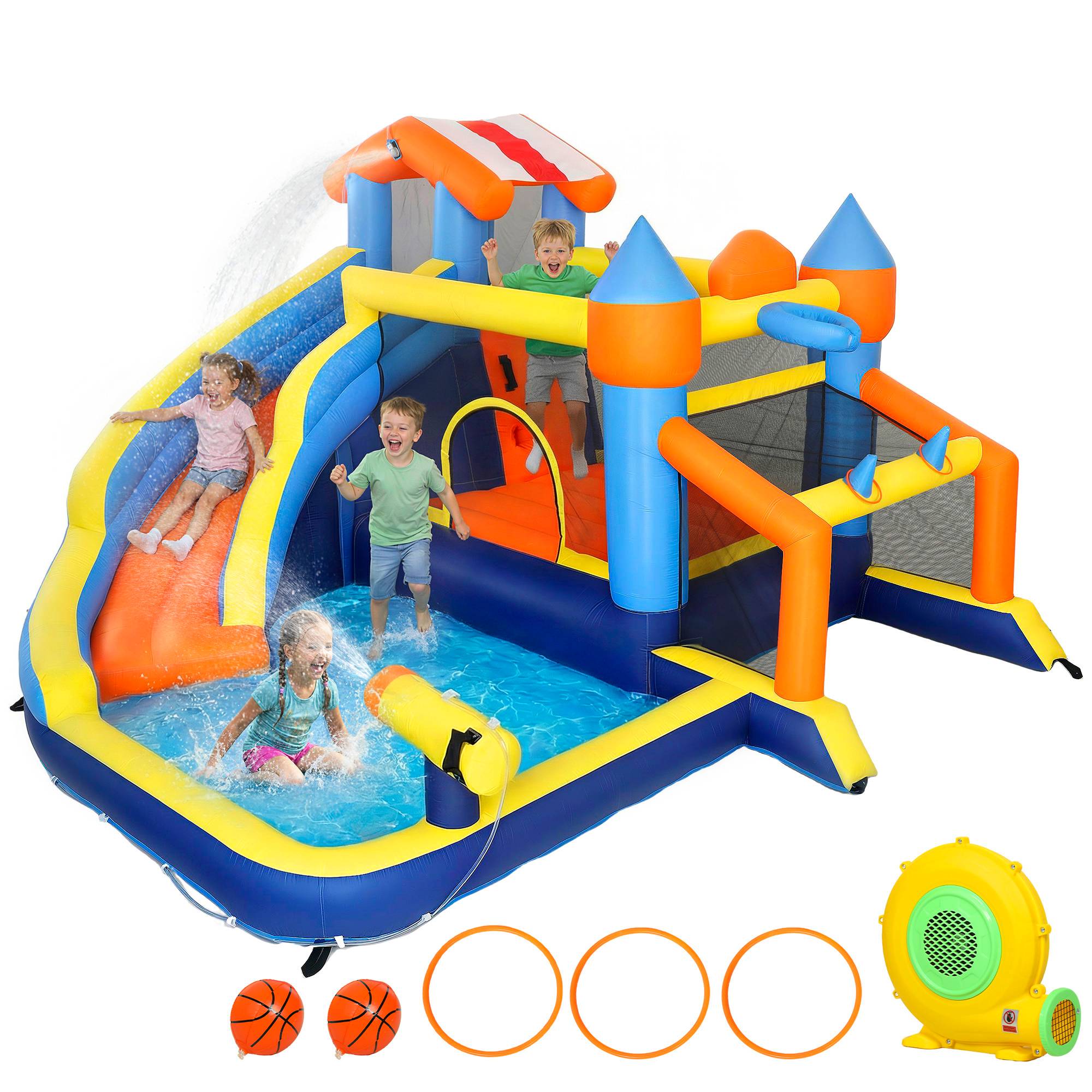 Château aquatique gonflable 8-en-1 souffleur 550W toboggan trampoline mur escalade piscine foot basket et jeu de lancer