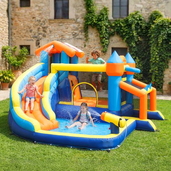 Château aquatique gonflable 8-en-1 souffleur 550W toboggan trampoline mur escalade piscine foot basket et jeu de lancer - Image 3