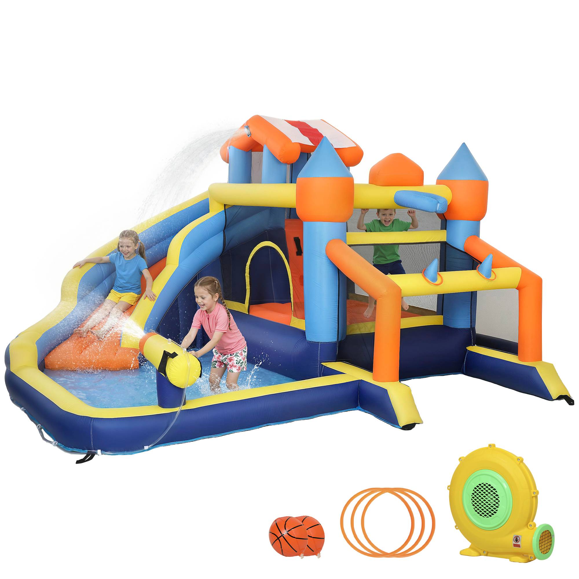 Château aquatique gonflable 8-en-1 souffleur 550W toboggan trampoline mur escalade piscine foot basket et jeu de lancer - Image 2