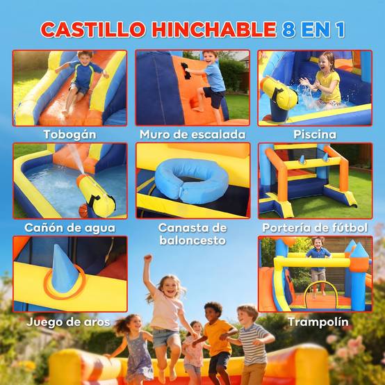 Château aquatique gonflable 8-en-1 souffleur 550W toboggan trampoline mur escalade piscine foot basket et jeu de lancer - Image 6