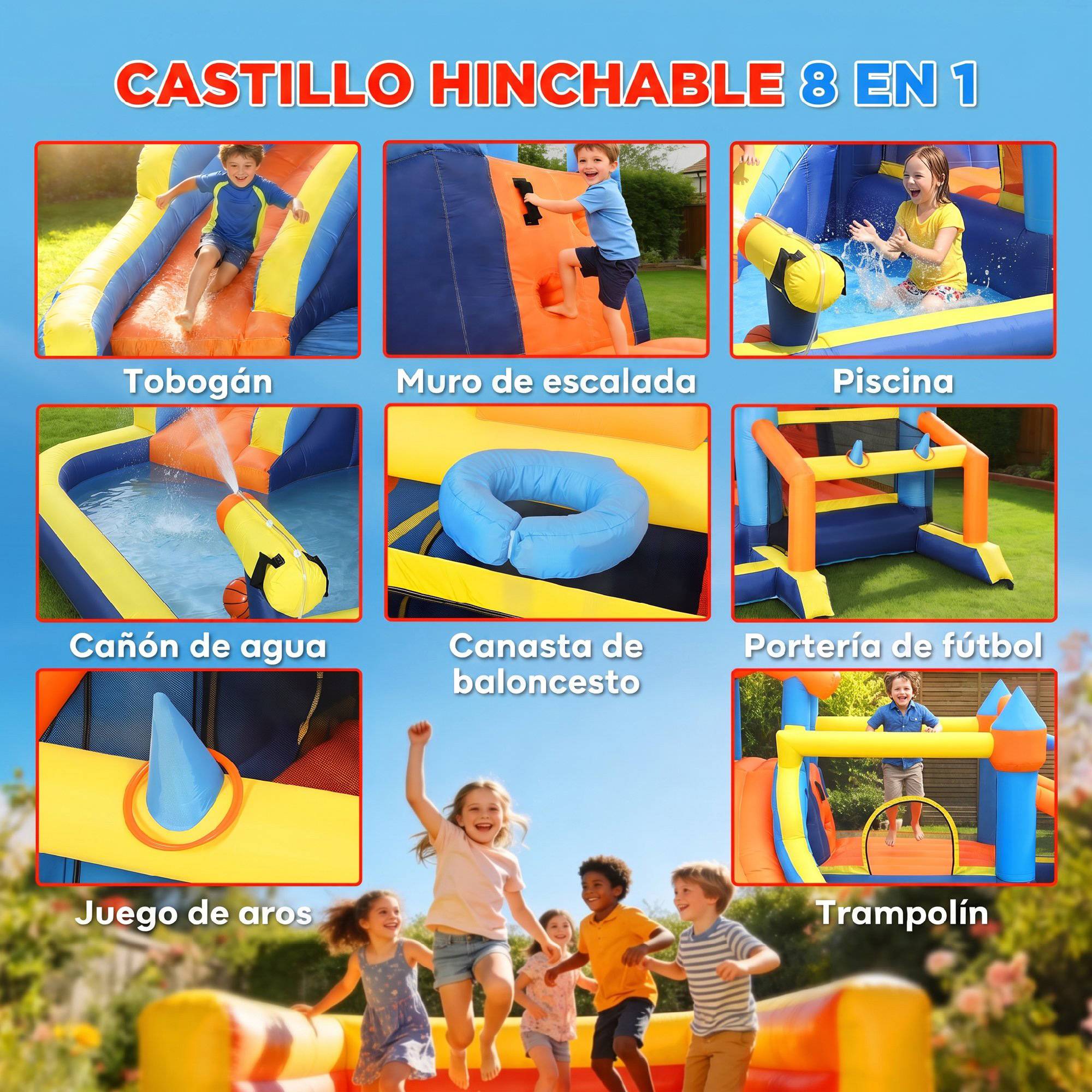 Château aquatique gonflable 8-en-1 souffleur 550W toboggan trampoline mur escalade piscine foot basket et jeu de lancer - Image 6