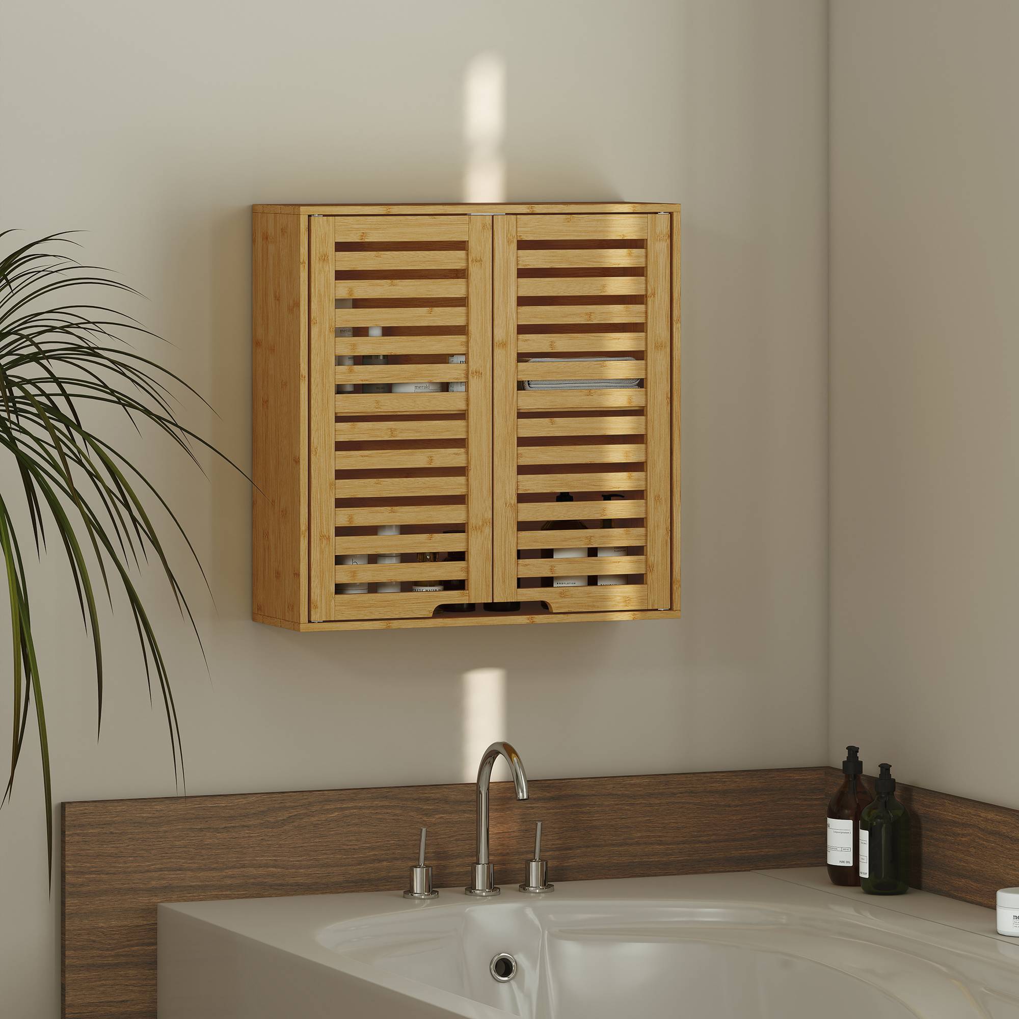 Sans Marque - Armoire salle bain murale bambou portes lattes respirantes étagère réglable 60x20x60 cm bois naturel - Image 4