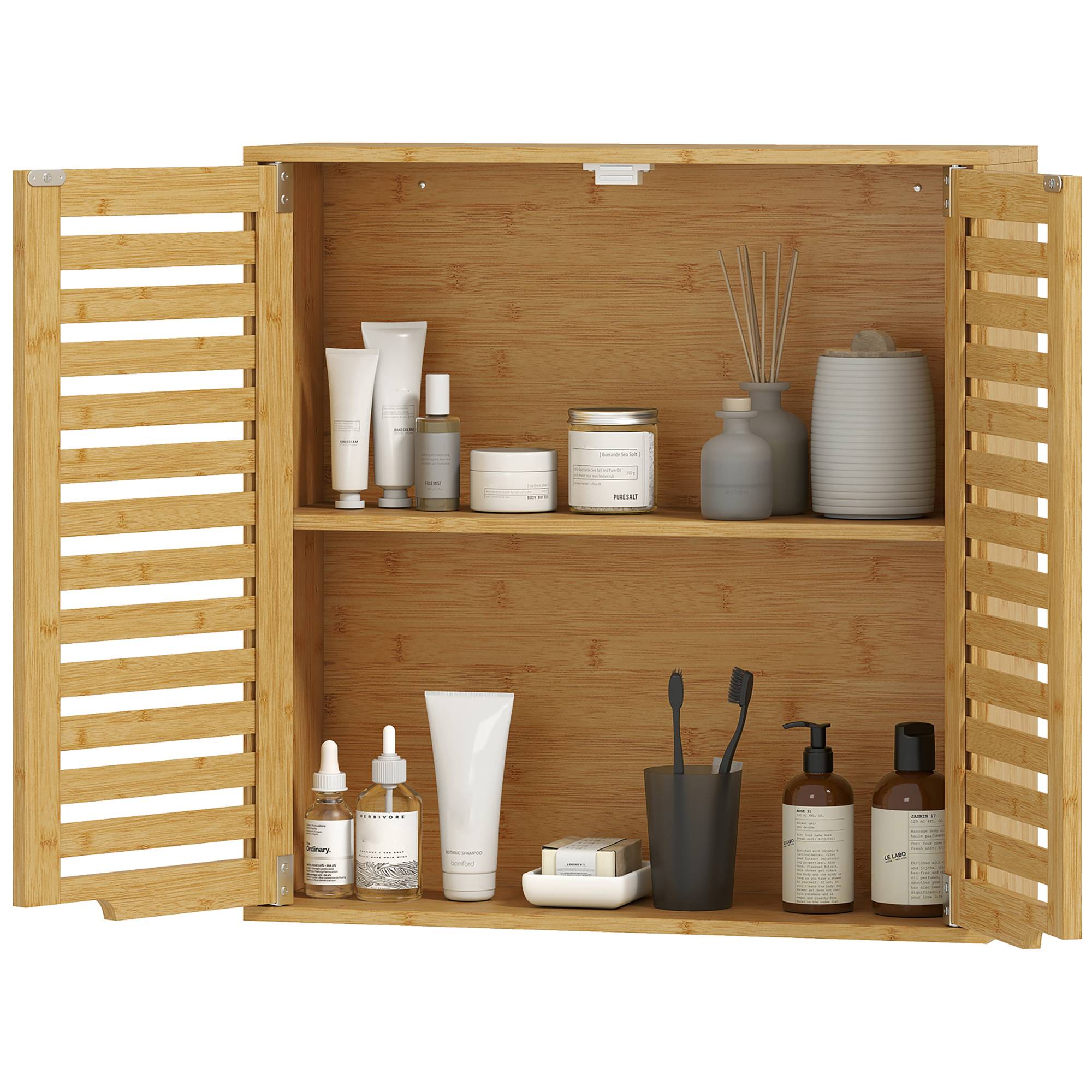Sans Marque - Armoire salle bain murale bambou portes lattes respirantes étagère réglable 60x20x60 cm bois naturel - Image 2
