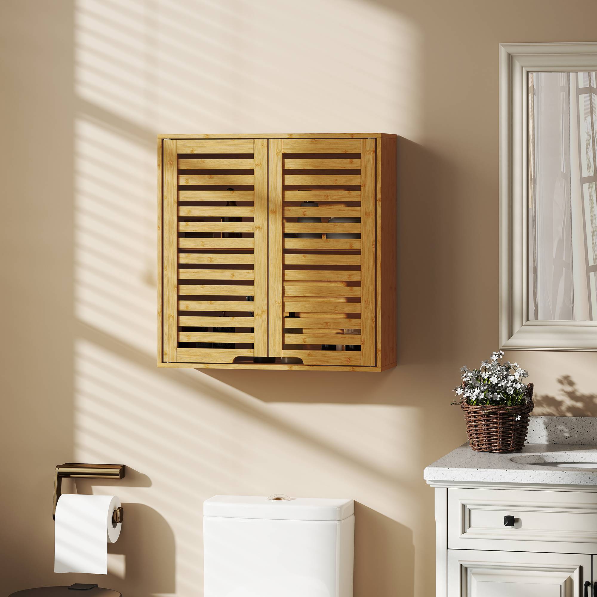 Sans Marque - Armoire salle bain murale bambou portes lattes respirantes étagère réglable 60x20x60 cm bois naturel - Image 3