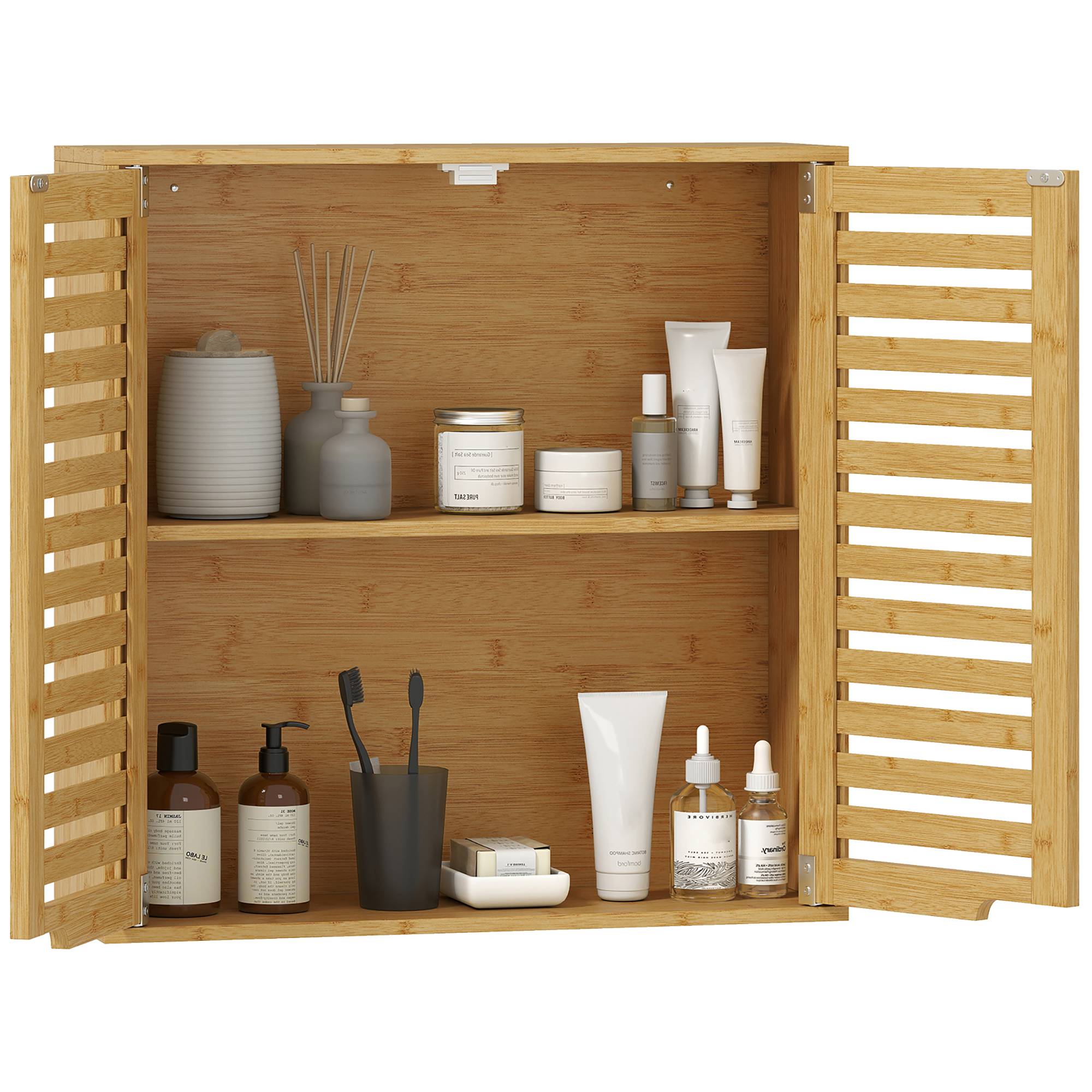 Sans Marque - Armoire salle bain murale bambou portes lattes respirantes étagère réglable 60x20x60 cm bois naturel - Image 1