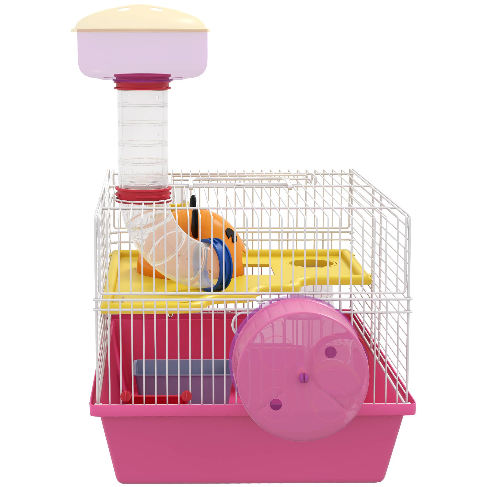 Pawhut - Cage à hamster rat rongeur - plateforme, biberon eau, roue, maisonnette, tubes - acier blanc PP rose - Imagen 9