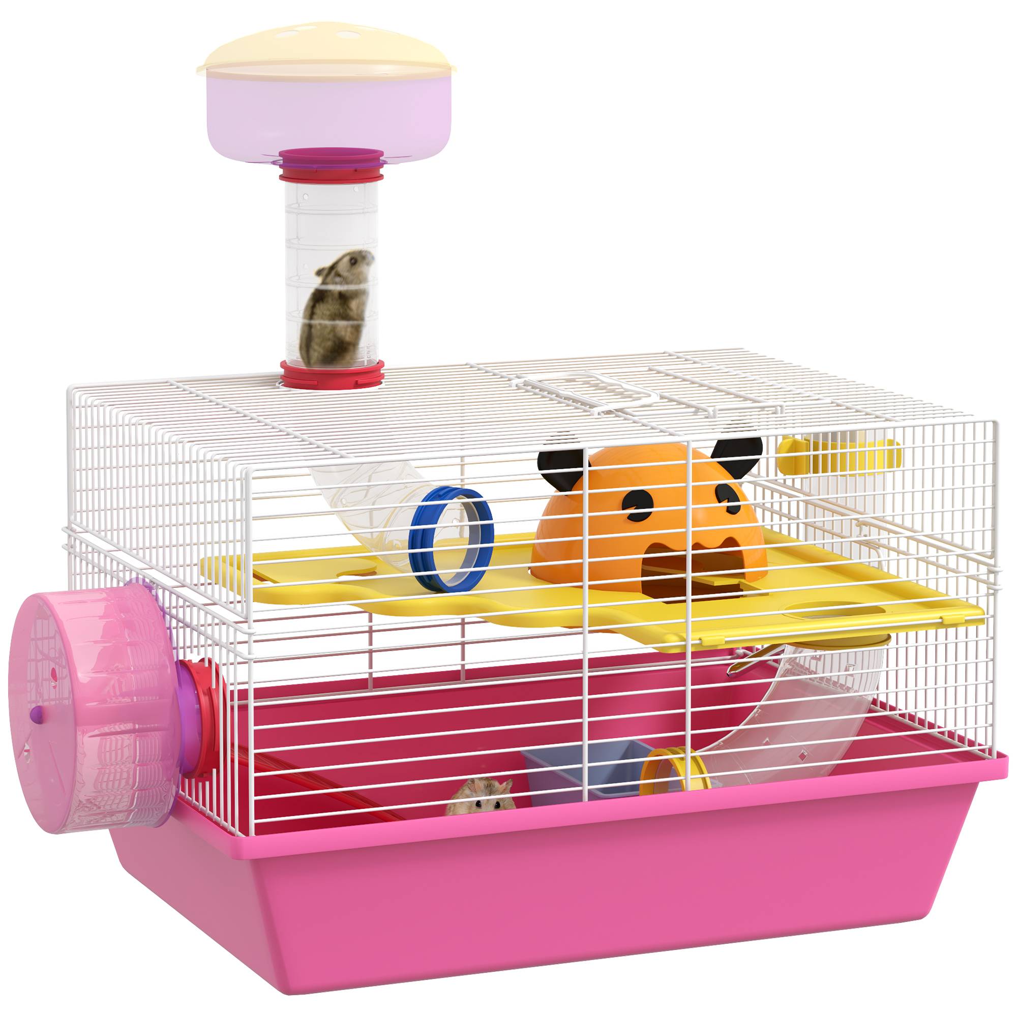 Pawhut - Cage à hamster rat rongeur - plateforme, biberon eau, roue, maisonnette, tubes - acier blanc PP rose