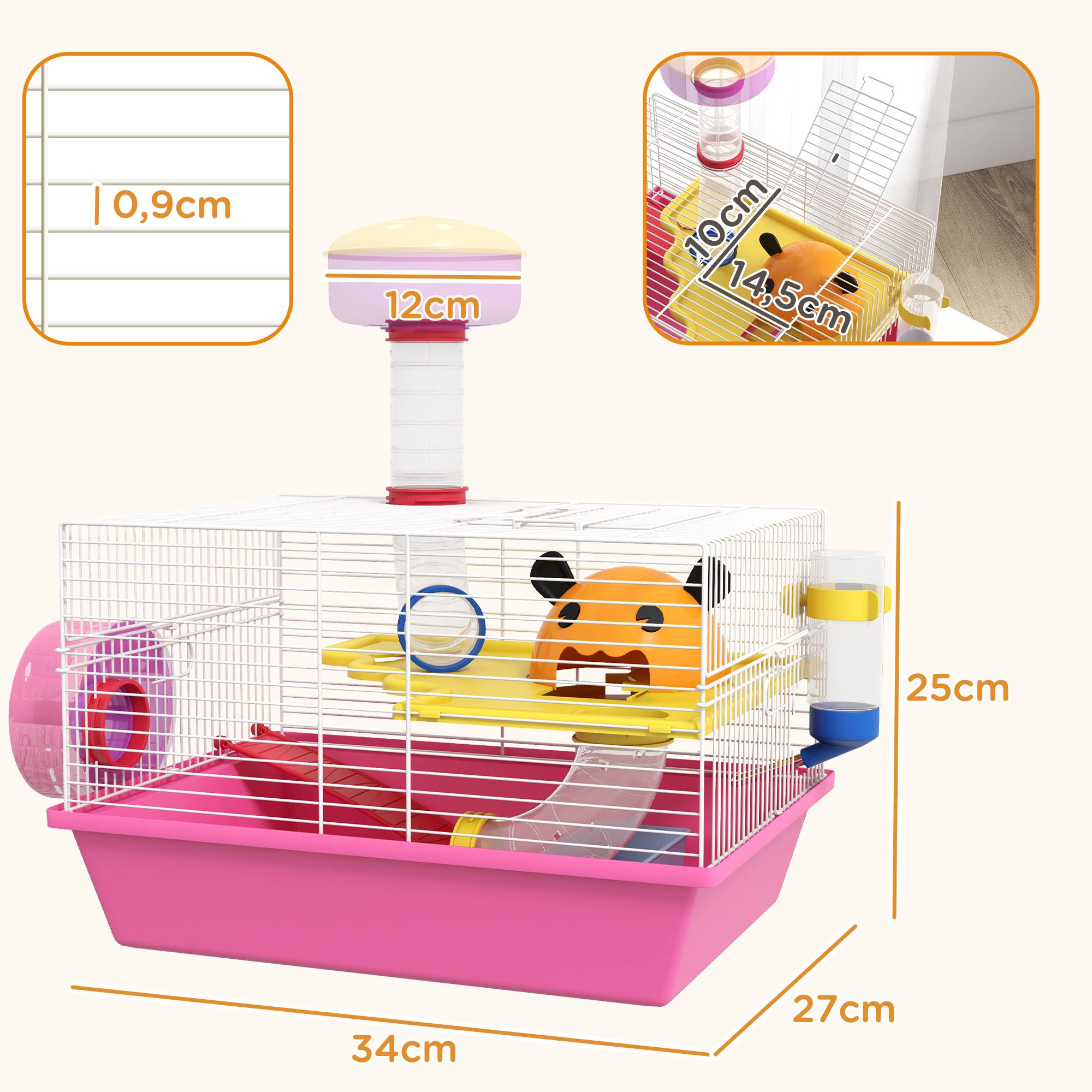 Pawhut - Cage à hamster rat rongeur - plateforme, biberon eau, roue, maisonnette, tubes - acier blanc PP rose - Imagen 3