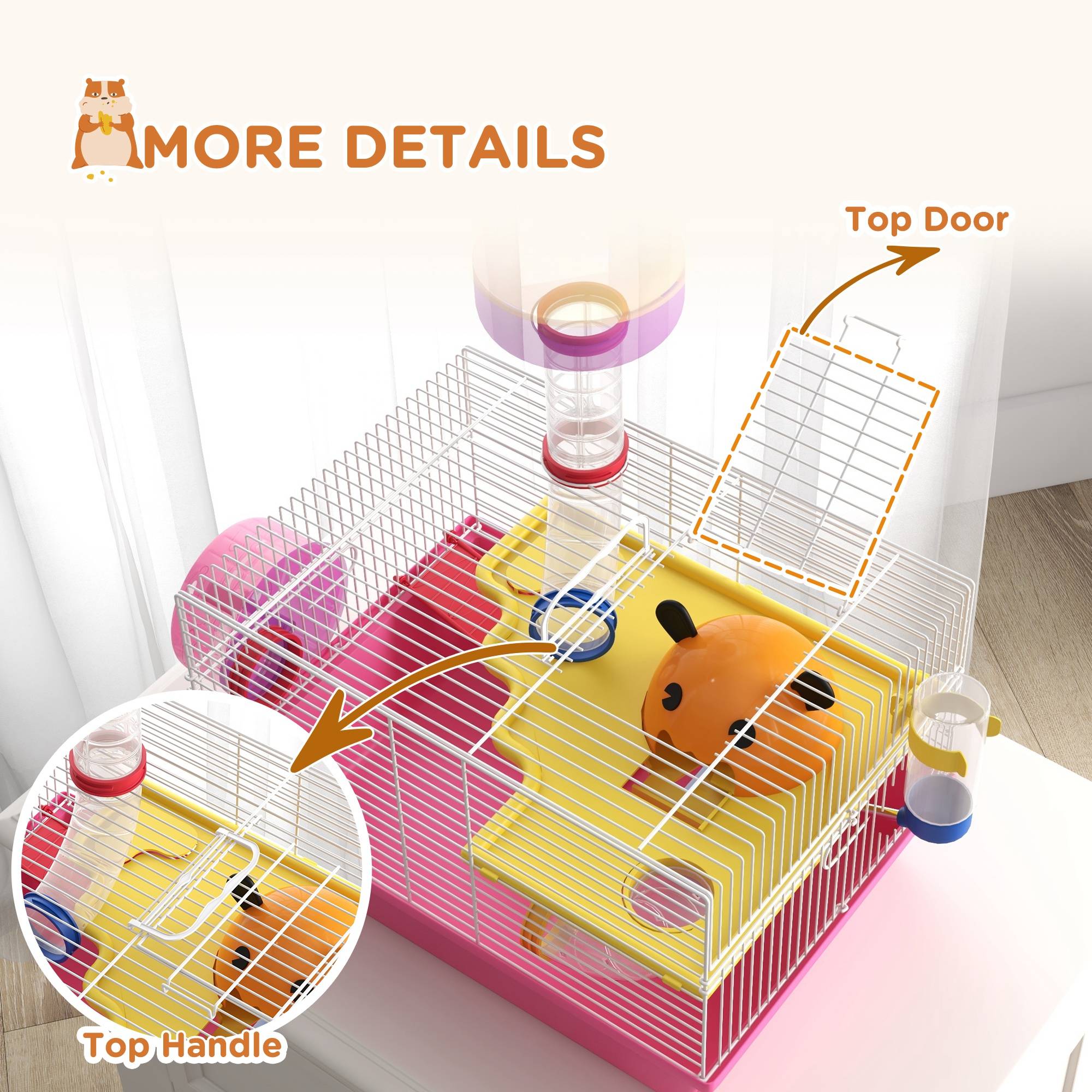 Pawhut - Cage à hamster rat rongeur - plateforme, biberon eau, roue, maisonnette, tubes - acier blanc PP rose - Imagen 8