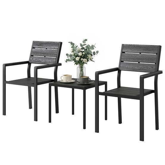 Ensemble de jardin 3 pièces avec 2 chaises et table HDPE design lattes effet bois, patio balcon noir - Image 2