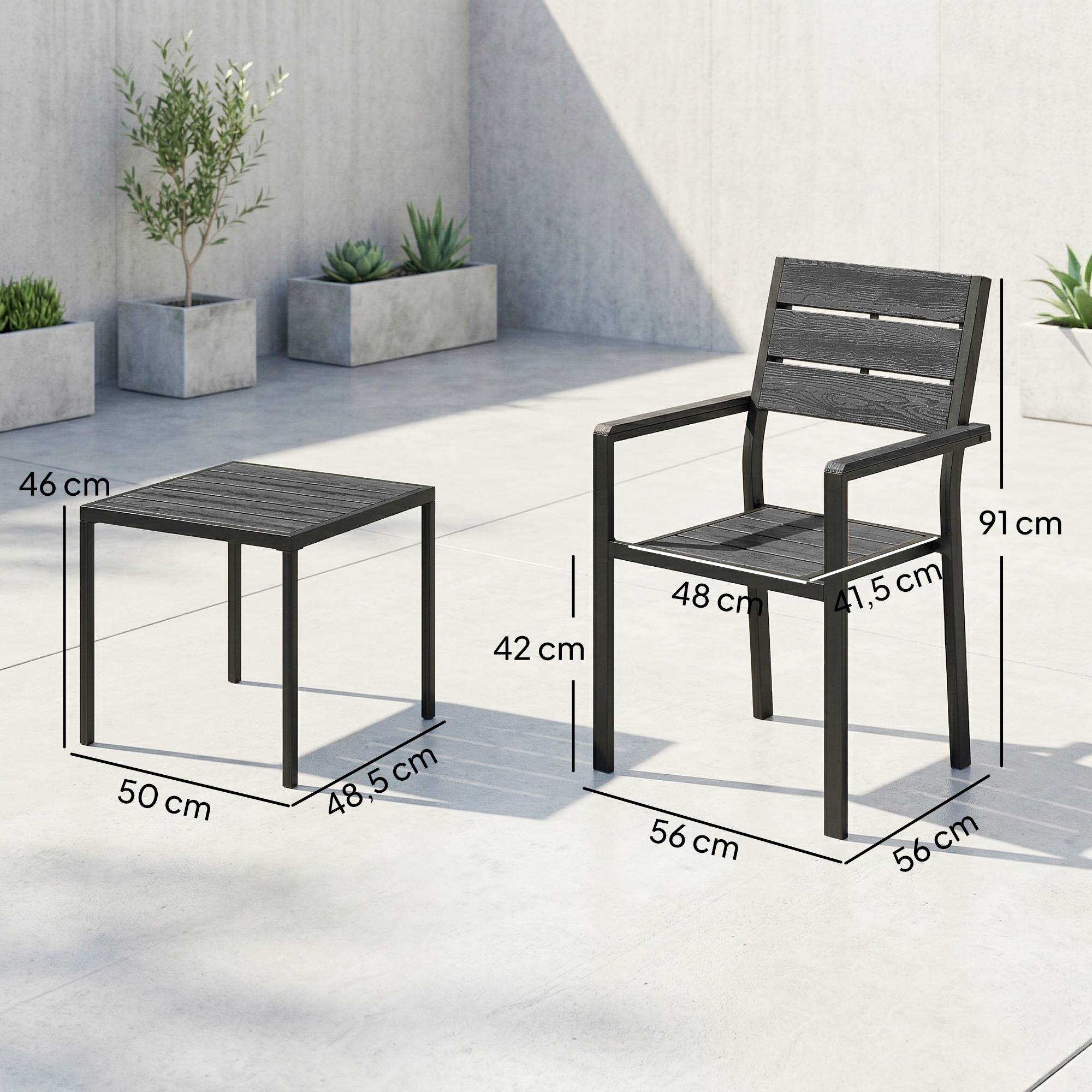 Ensemble de jardin 3 pièces avec 2 chaises et table HDPE design lattes effet bois, patio balcon noir - Image 5