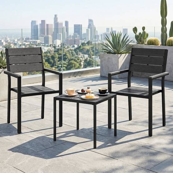 Ensemble de jardin 3 pièces avec 2 chaises et table HDPE design lattes effet bois, patio balcon noir - Image 3
