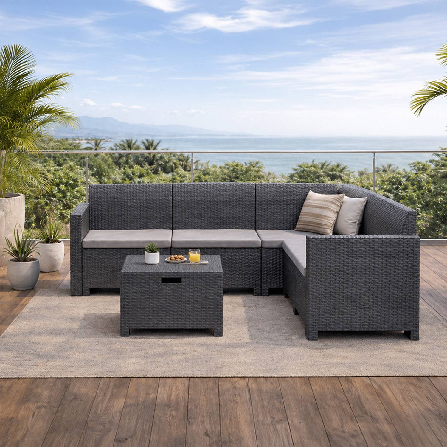 Salon de jardin 4-5 places effet résine tressée gris anthracite avec table basse ISPARTA - Image 6