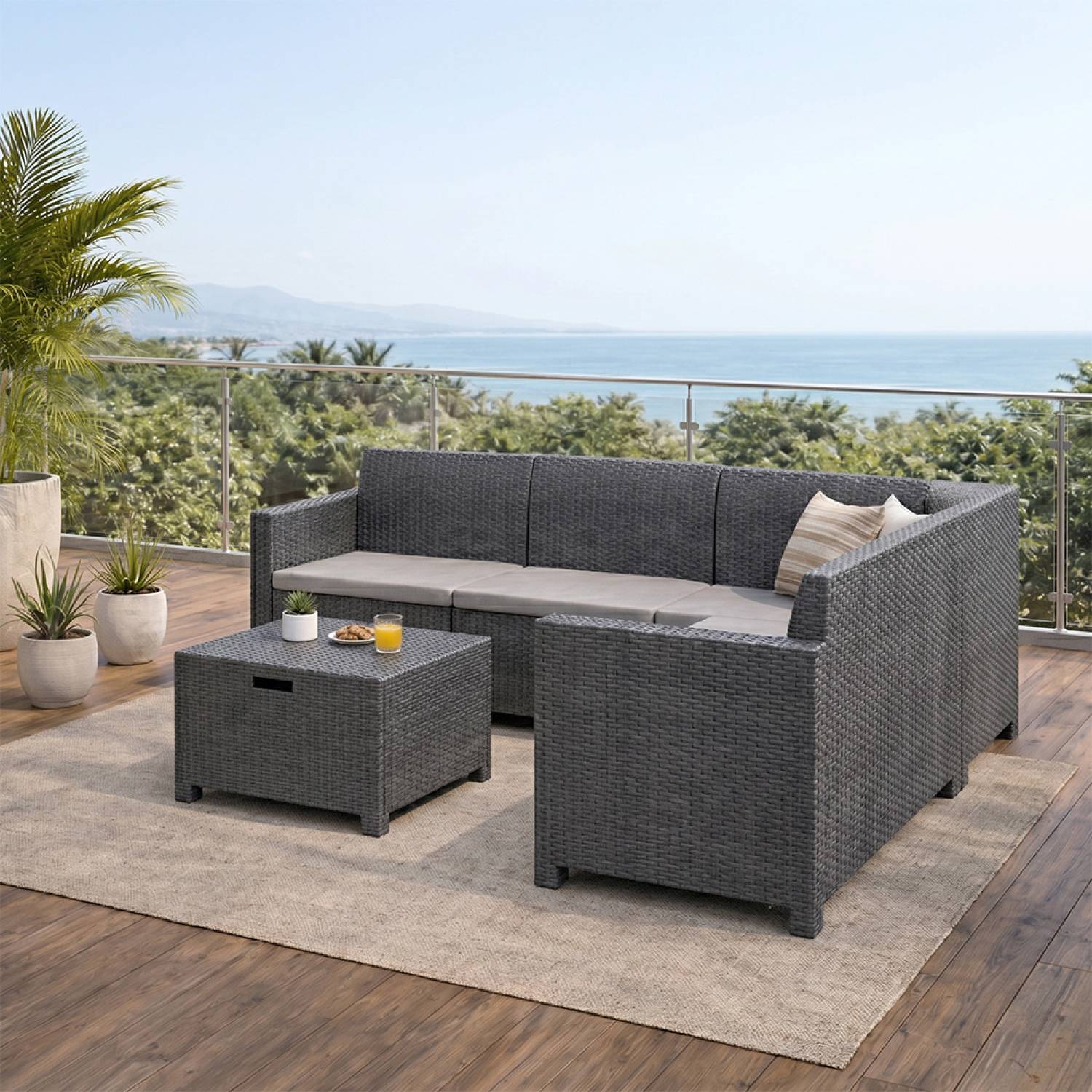 Salon de jardin 4-5 places effet résine tressée gris anthracite avec table basse ISPARTA - Image 5