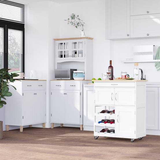 Desserte de cuisine multi rangements 2 placards tiroir casier 9 bouteilles MDF blanc plateau bois caoutchouc - Image 4