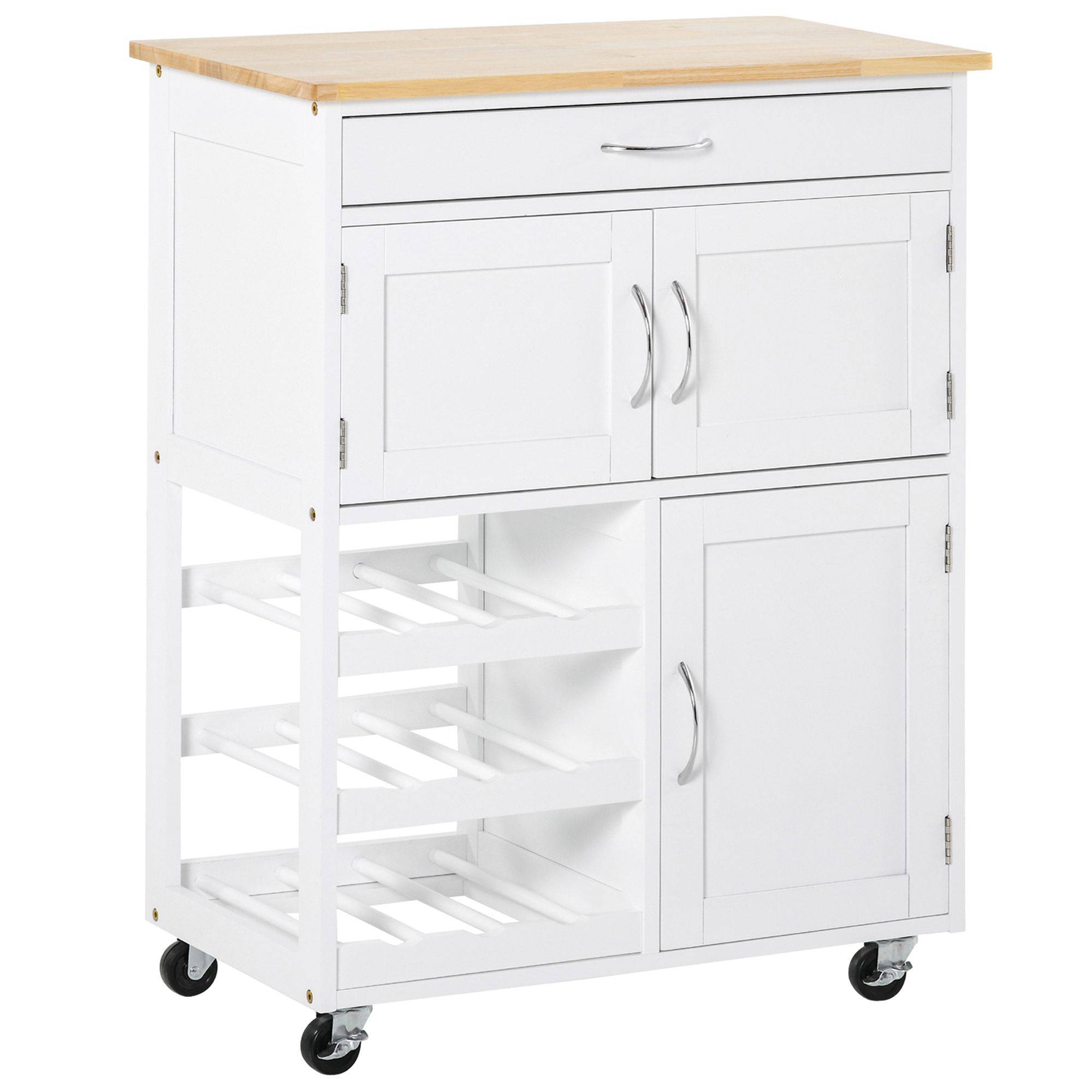 Desserte de cuisine multi rangements 2 placards tiroir casier 9 bouteilles MDF blanc plateau bois caoutchouc - Image 1