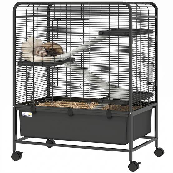 Cage rongeurs acier 4 niveaux roulettes freins accessoires plateau profond 75x46x94cm noir - ComfortXL Outdoor Living - Image 1