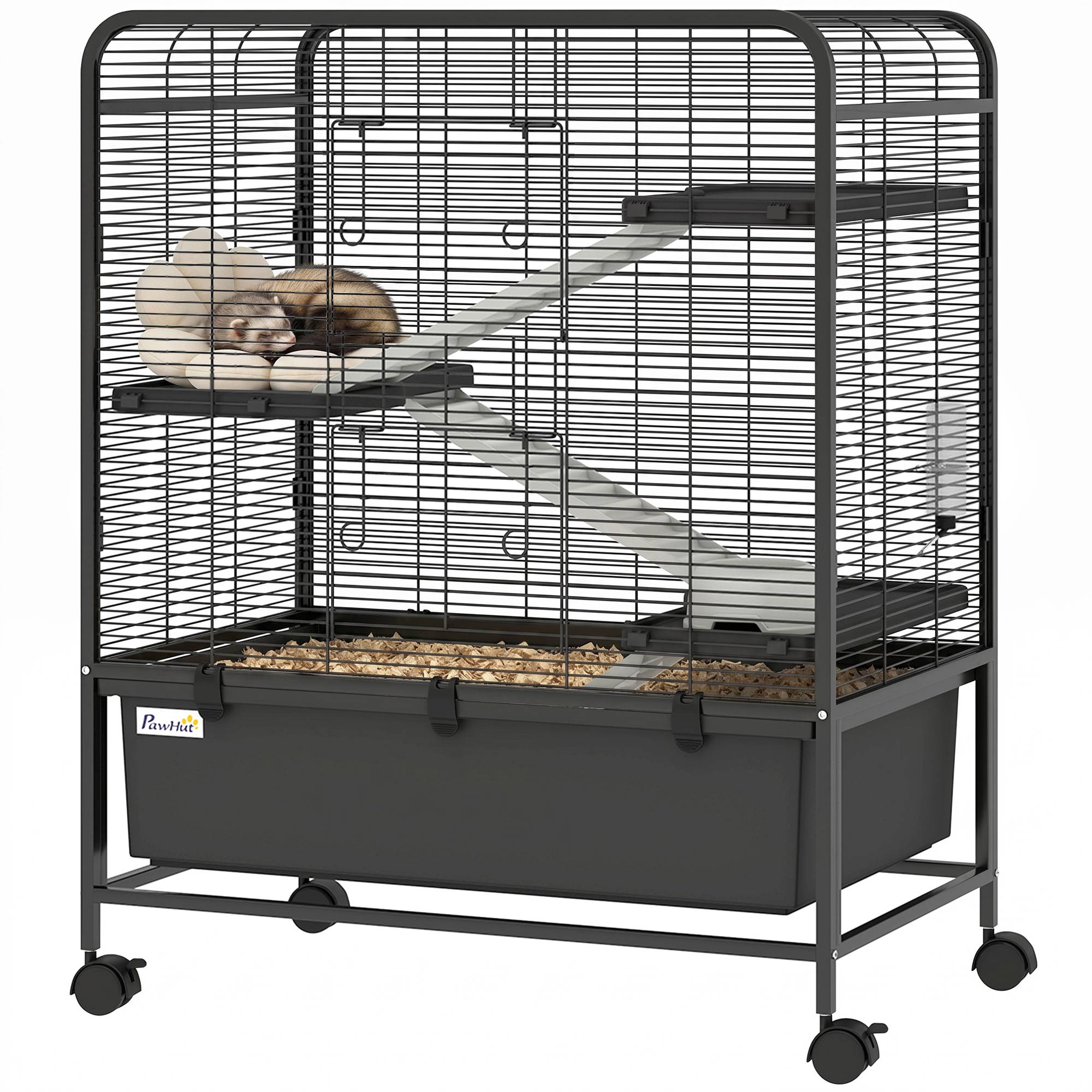 Cage rongeurs acier 4 niveaux roulettes freins accessoires plateau profond 75x46x94cm noir - ComfortXL Outdoor Living - Image 1