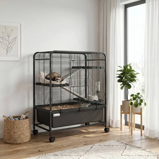 Cage rongeurs acier 4 niveaux roulettes freins accessoires plateau profond 75x46x94cm noir - ComfortXL Outdoor Living - Image 3