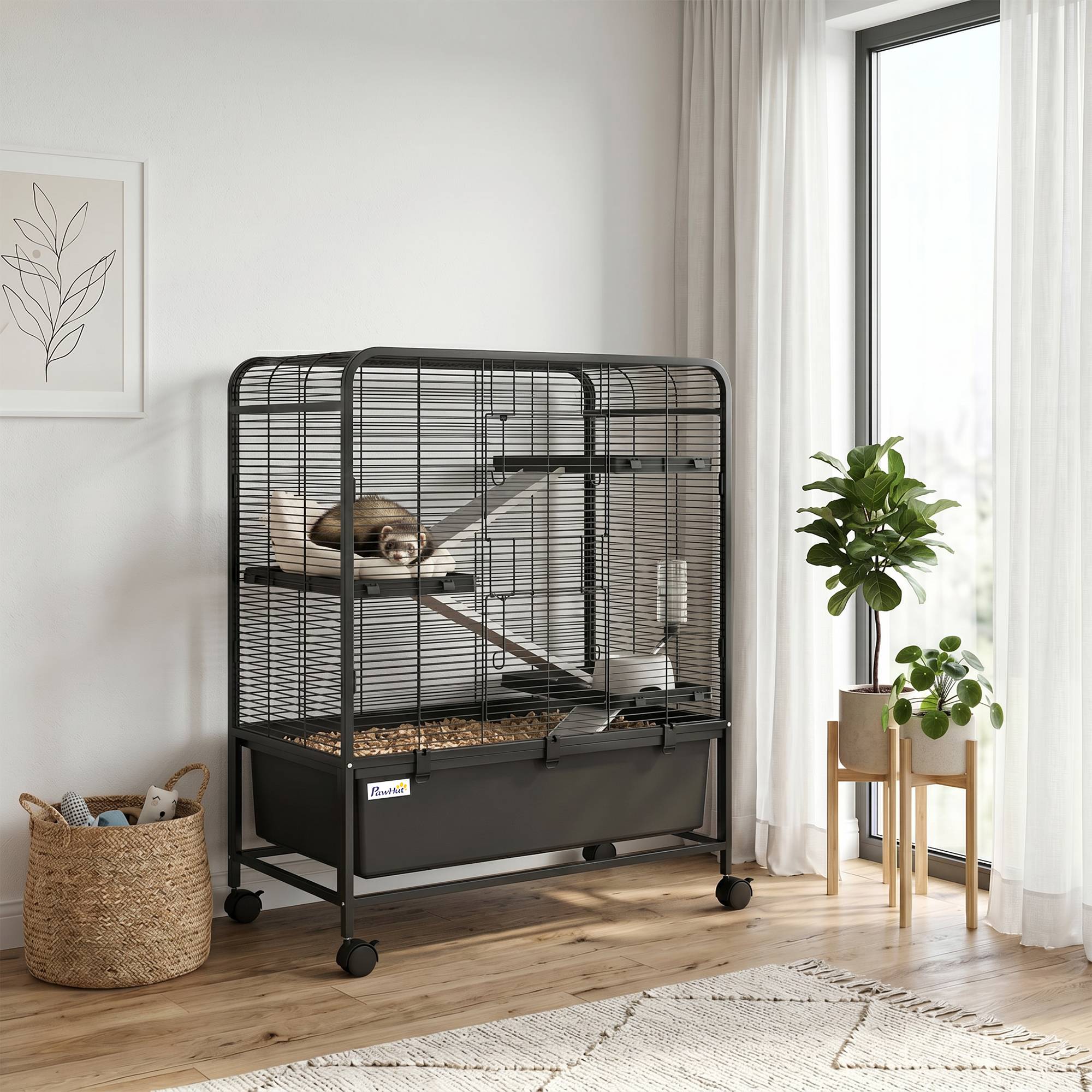 Cage rongeurs acier 4 niveaux roulettes freins accessoires plateau profond 75x46x94cm noir - ComfortXL Outdoor Living - Image 3