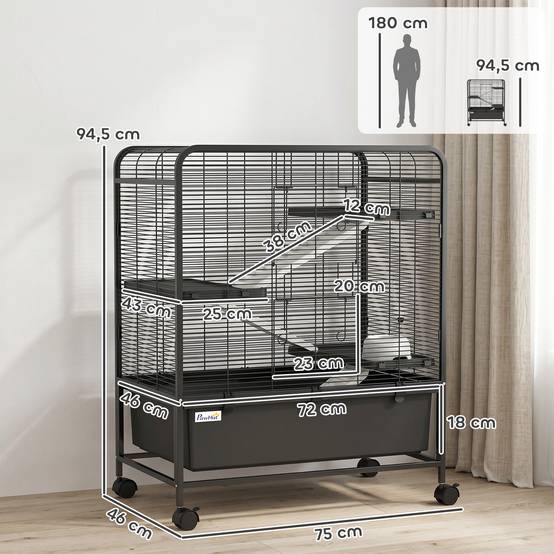 Cage rongeurs acier 4 niveaux roulettes freins accessoires plateau profond 75x46x94cm noir - ComfortXL Outdoor Living - Image 5