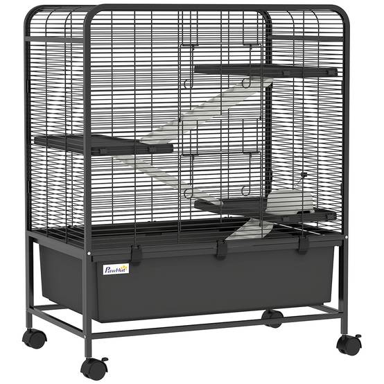 Cage rongeurs acier 4 niveaux roulettes freins accessoires plateau profond 75x46x94cm noir - ComfortXL Outdoor Living - Image 2