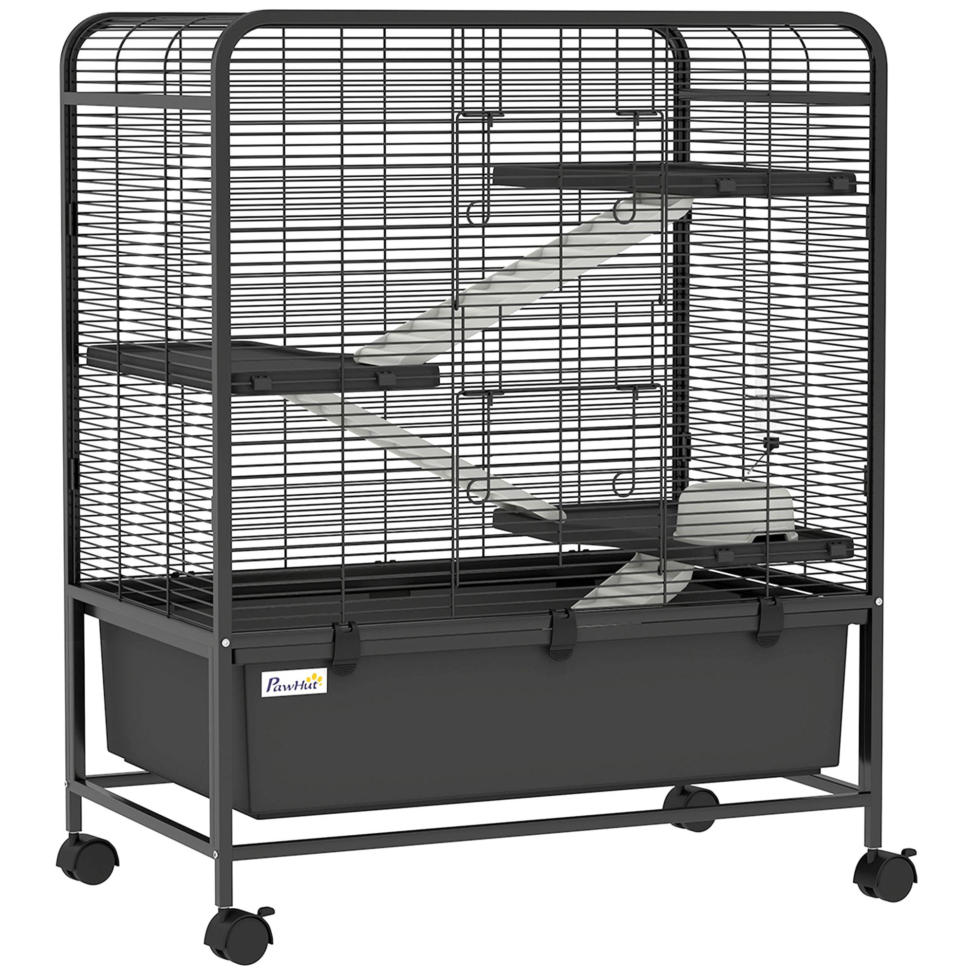 Cage rongeurs acier 4 niveaux roulettes freins accessoires plateau profond 75x46x94cm noir - ComfortXL Outdoor Living - Image 2