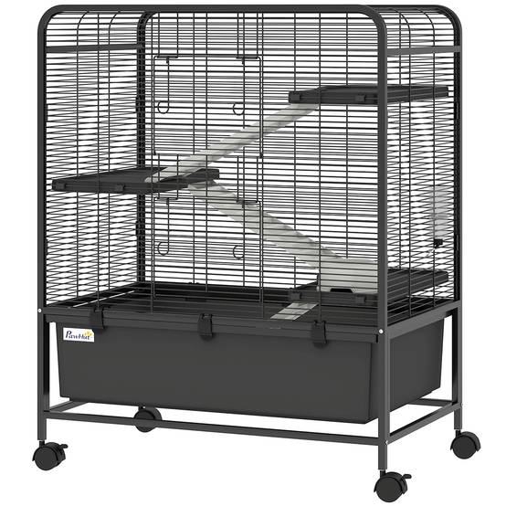 Cage rongeurs acier 4 niveaux roulettes freins accessoires plateau profond 75x46x94cm noir - ComfortXL Outdoor Living - Image 8