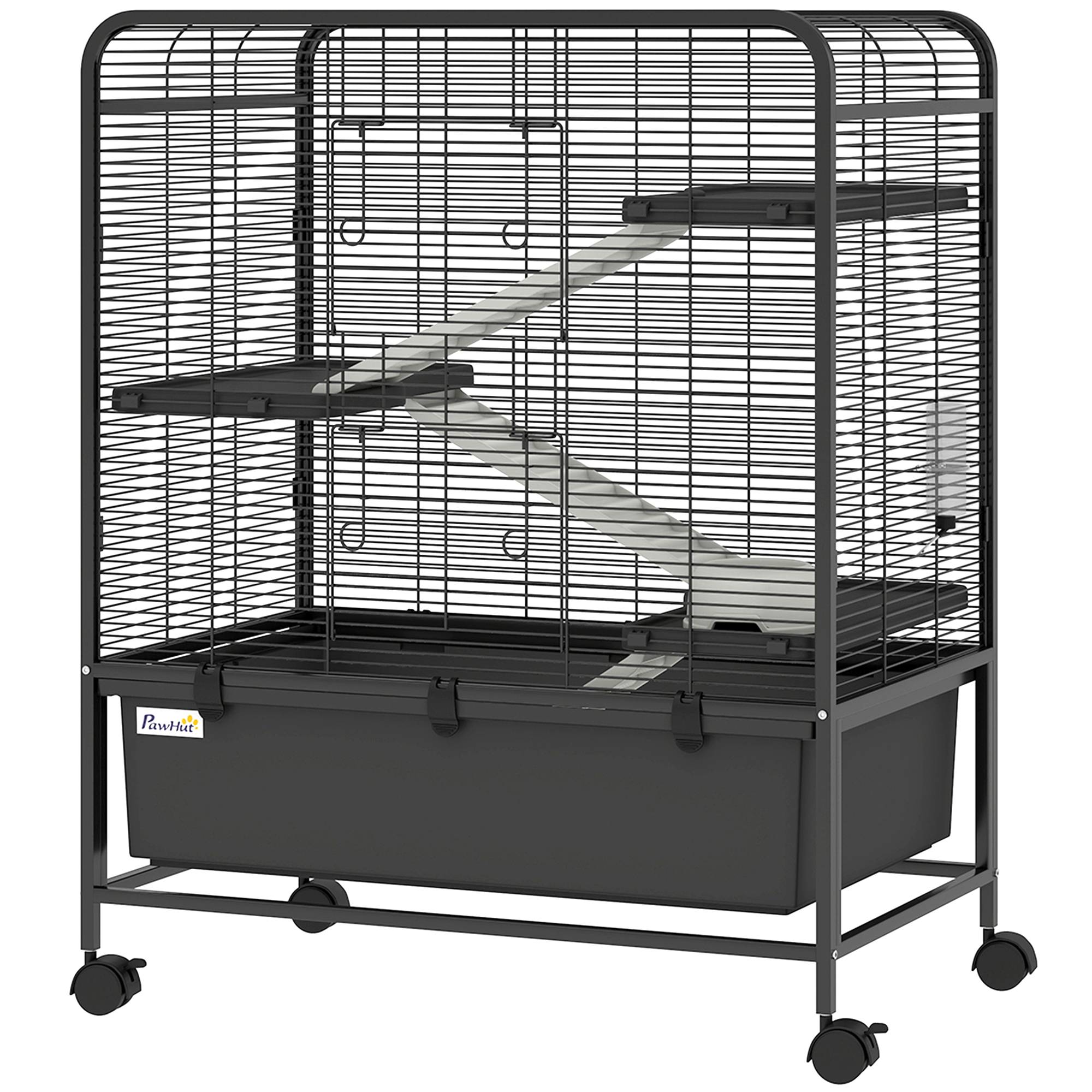 Cage rongeurs acier 4 niveaux roulettes freins accessoires plateau profond 75x46x94cm noir - ComfortXL Outdoor Living - Image 8