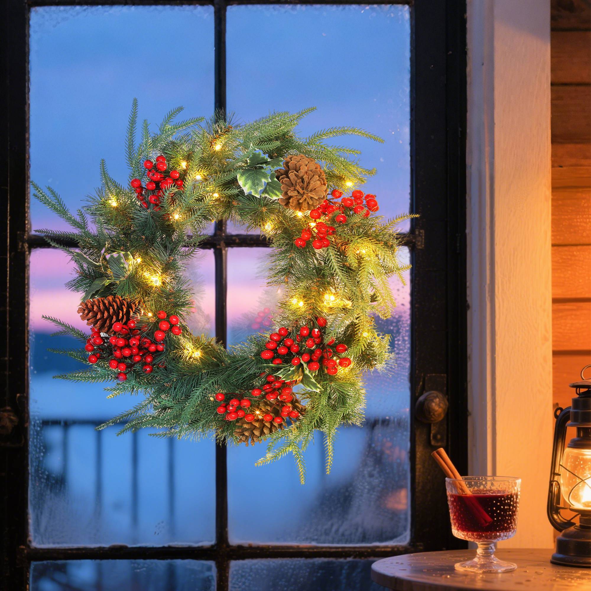 Couronne Noël lumineuse 60cm, 35 LED, minuterie, 170 branches, pommes pin, baies, houx, vert - Image 4