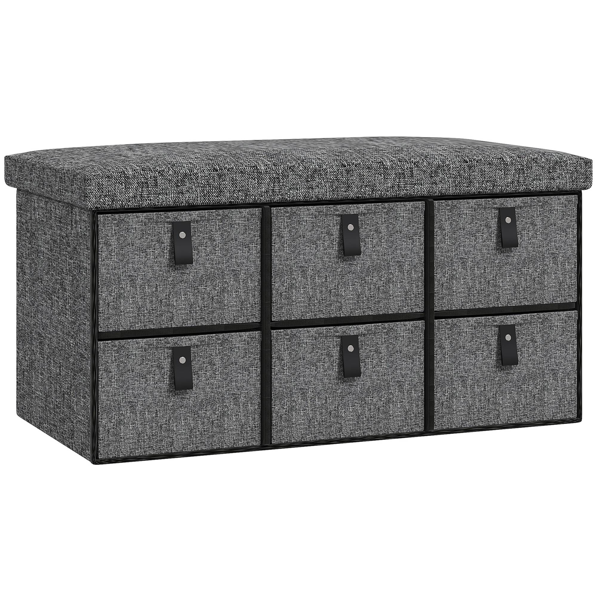 Banc à chaussures rembourré, 6 compartiments à chaussures, structure en MDF, aspect lin, gris - Image 1