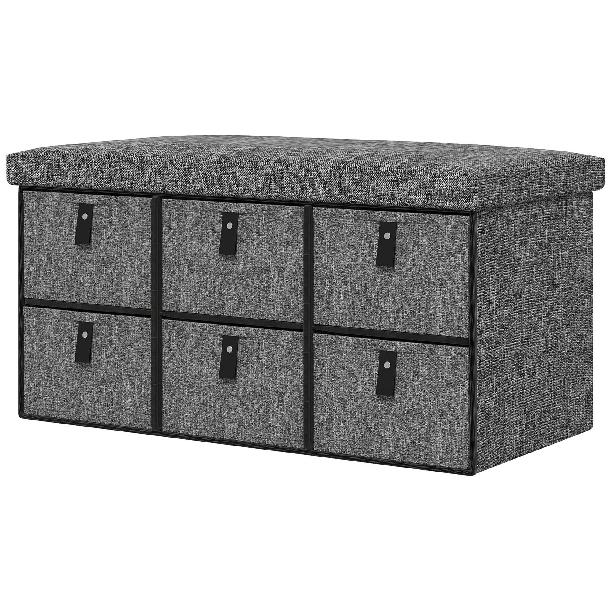 Banc à chaussures rembourré, 6 compartiments à chaussures, structure en MDF, aspect lin, gris - Image 2